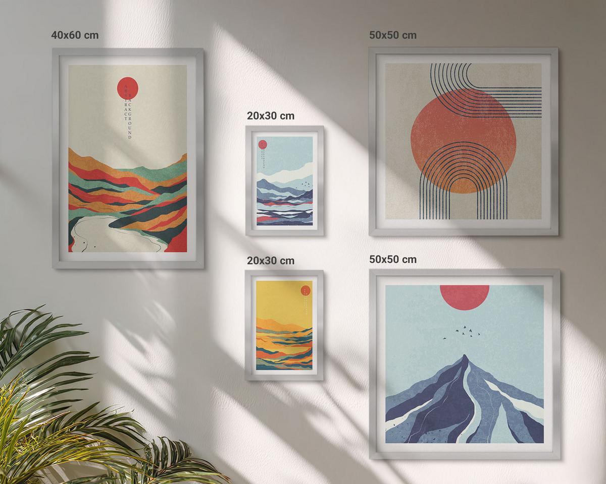 BILDER SET 5er Set - 50x50 cm & 20x30 cm & 40x60 cm Silberner Rahmen - Pastellfarbene Berge im Japandi-Stil - Silberfarben, Kunststoff (40/60cm) - TULUP