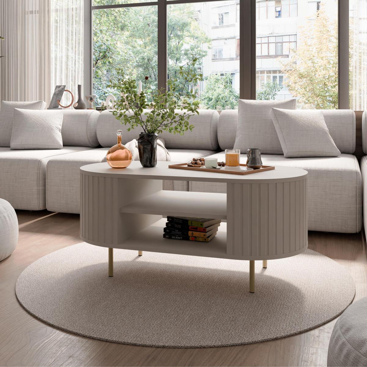 COUCHTISCH Halay Beige, Moderne Rillenstruktur 100 cm, mit runden Kanten - Beige/Goldfarben, Holzwerkstoff/Metall (45/100/52cm) - AX Living