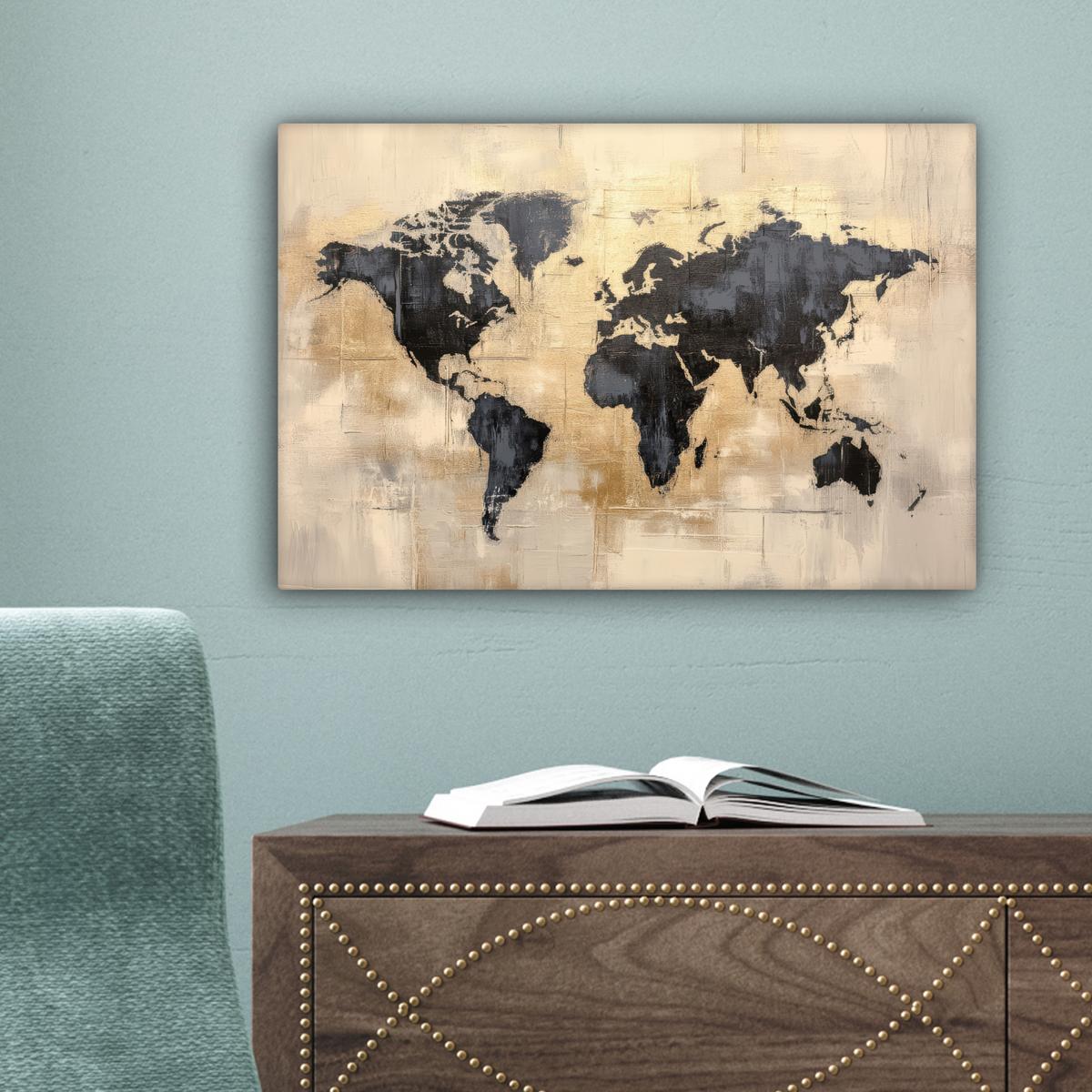 LEINWANDBILD Weltkarte - Gold - Schwarz - Abstrakt Deko Schlafzimmer 30x20 cm - Kupferfarben, Textil (30/20cm) - MuchoWow