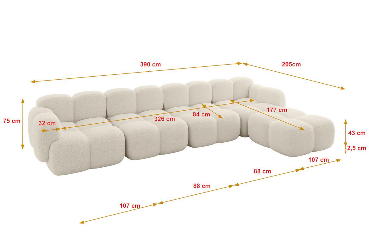 ECKSOFA modulares Sofa Rechts Miko-L3 390x205x75 Beige Bouclé - Sandfarben/Schwarz, Holzwerkstoff/Kunststoff (390/205cm) - ALTDECOR