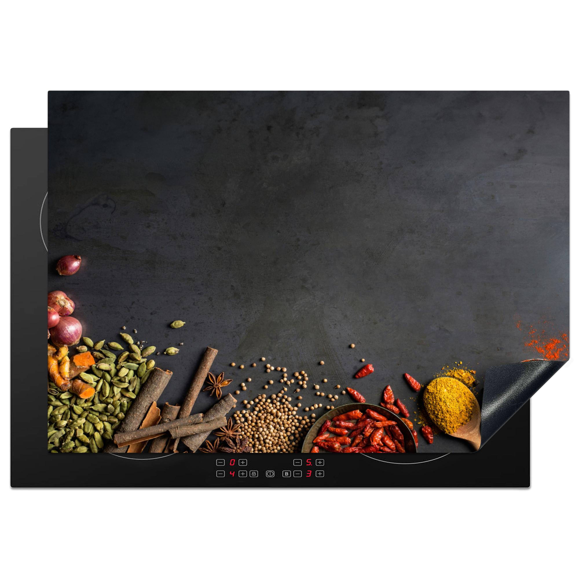 HERDABDECKPLATTE Kräuter - Lebensmittel - Gewürze - Schwarz - Paprika - Zimt Herdabdeckung Induktionsfeld 75x52 cm - Currygelb, Kunststoff (75/52/0.2cm) - MuchoWow