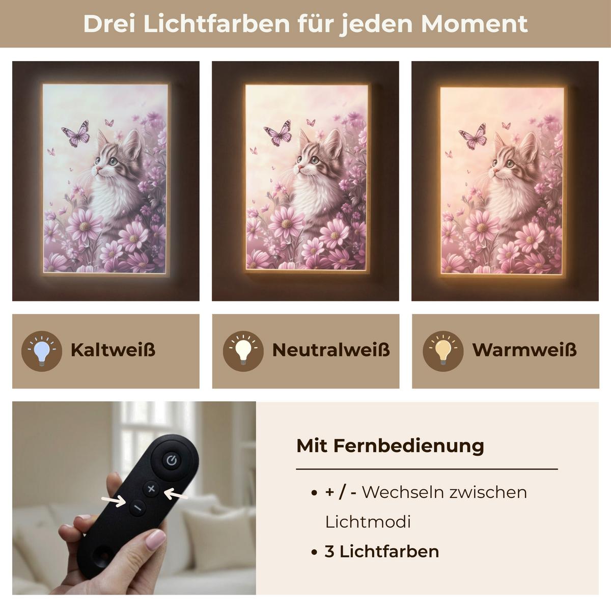 WANDLEUCHTE MIT AKKU Kätzchen - Blumen - Schmetterlinge - Lila 60x90 cm - Altrosa, Holzwerkstoff (60/90/8cm) - OnlyWow