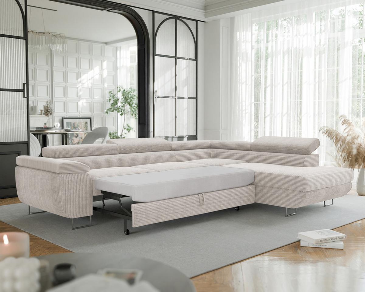 ECKSOFA ANTON rechts, mit Schlaffunktion und Bettkasten Creme - Chromfarben/Creme, Textil/Metall (274/203cm) - Idohome