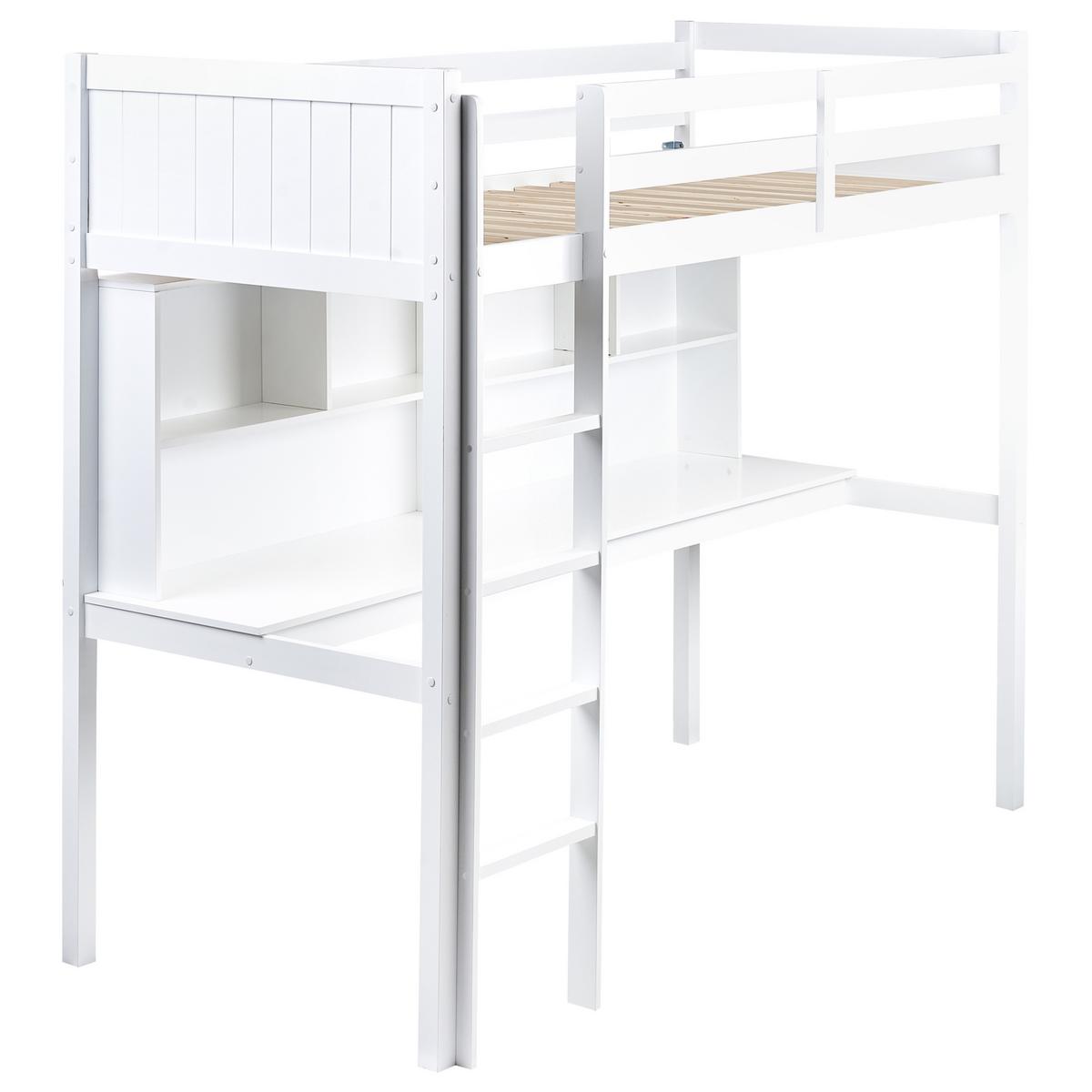 HOCHBETT MIT SCHREIBTISCH 90x200 cm Weiß Foucamont - Weiß, Holz (90/200cm) - Beliani