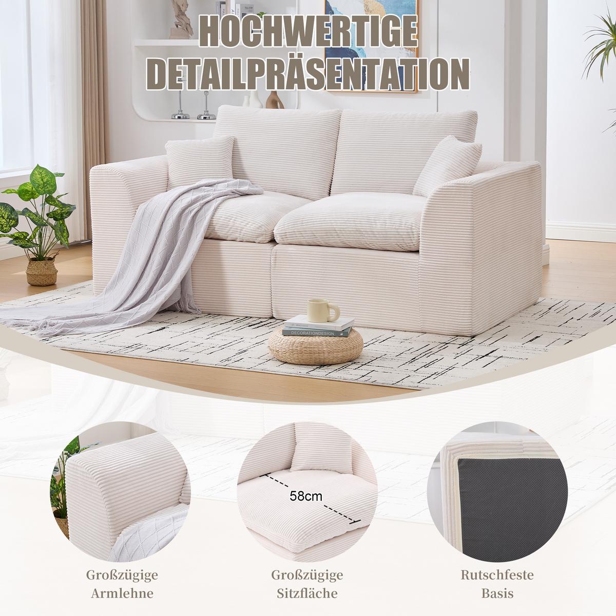 2-SITZER-SOFA XXL aus Cord mit Federkern-Polsterung Montagefrei - Beige, Textil (204/84/102cm) - Urban Meuble