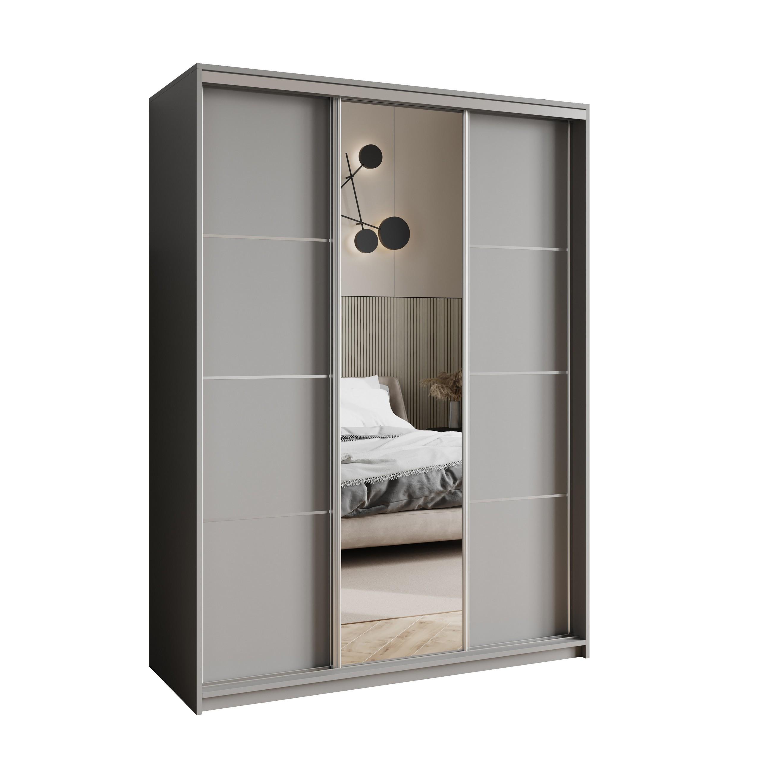 SCHWEBETÜRENSCHRANK VARO 150/205/60 cm 3-türig mit Spiegel Graphitfarben - Graphitfarben, Holzwerkstoff (150/205/60cm) - MASSENO