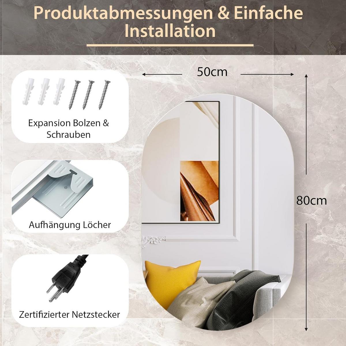 LED-SPIEGEL Anti-Beschlag Silber - Silberfarben, Glas (50/80/3cm) - COSTWAY