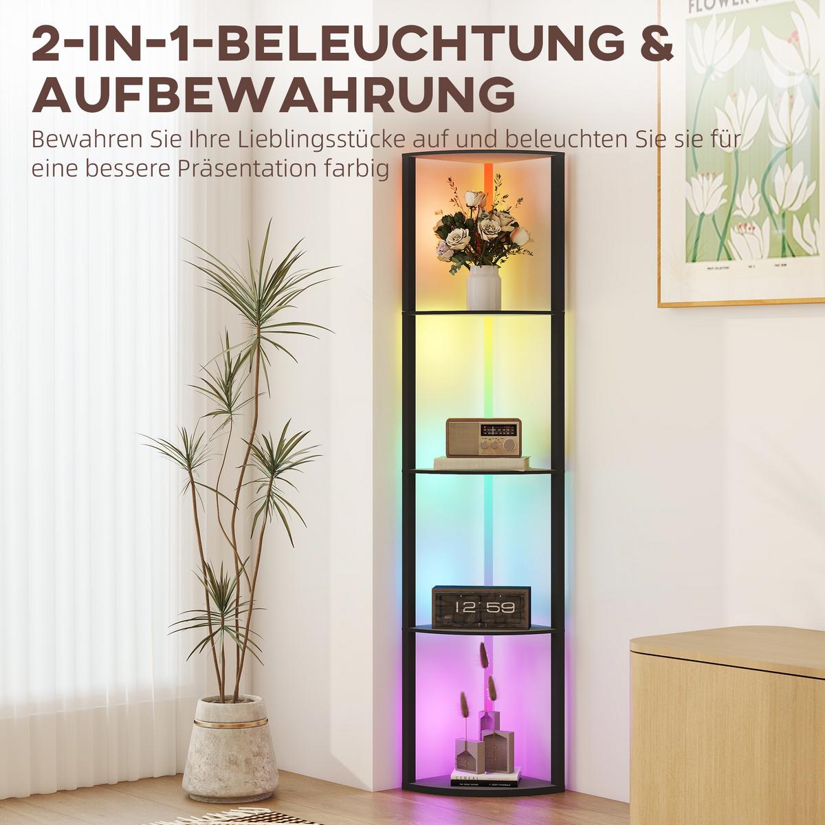 LED Stehlampe 5-stufige dimmbar Stehleuchte mit Regal, RGB Farbwechsel - Schwarz, Holzwerkstoff (42/29.5/163cm) - HOMCOM
