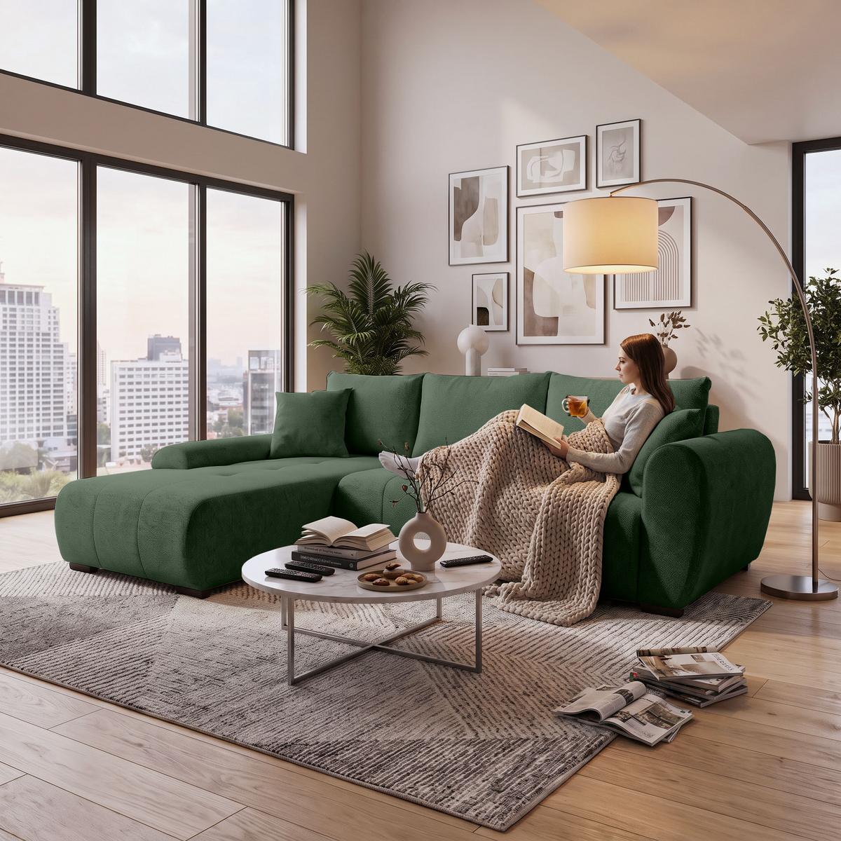 ECKSCHLAFSOFA Dallas mit Bettkasten, 255 cm, Flaschengrün, links, Velour-Stoff - Grün, Textil (255/175cm) - Beautysofa
