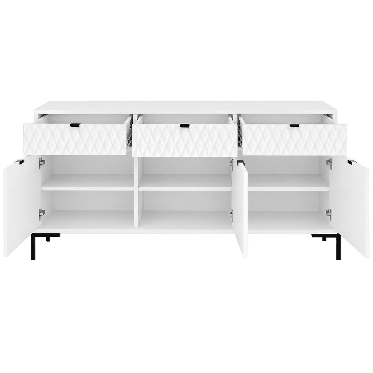 KOMMODE Montreal mit 3 Türen und 3 Schubladen, dekorative 3D-Fronten, 150 cm, Weiß - Schwarz/Weiß, Holzwerkstoff/Metall (150/85/40cm) - Beautysofa