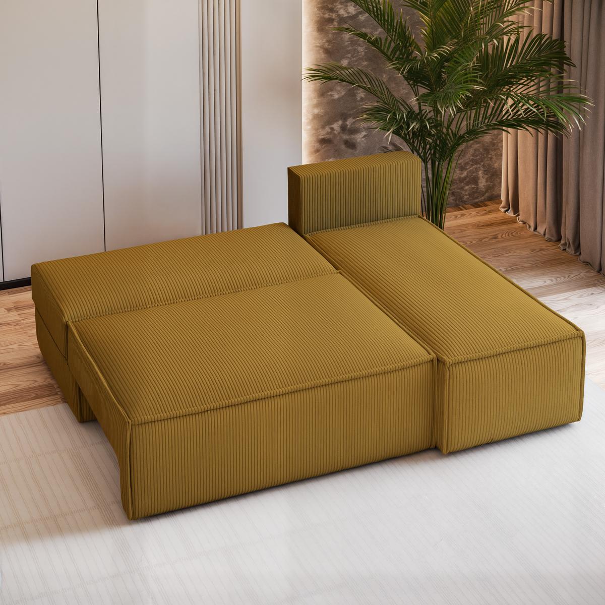ECKSOFA BRISO P Gelb Kordstoff mit Schlaffunktion - Gelb/Grau, Holz/Kunststoff (200/140cm) - MASSENO