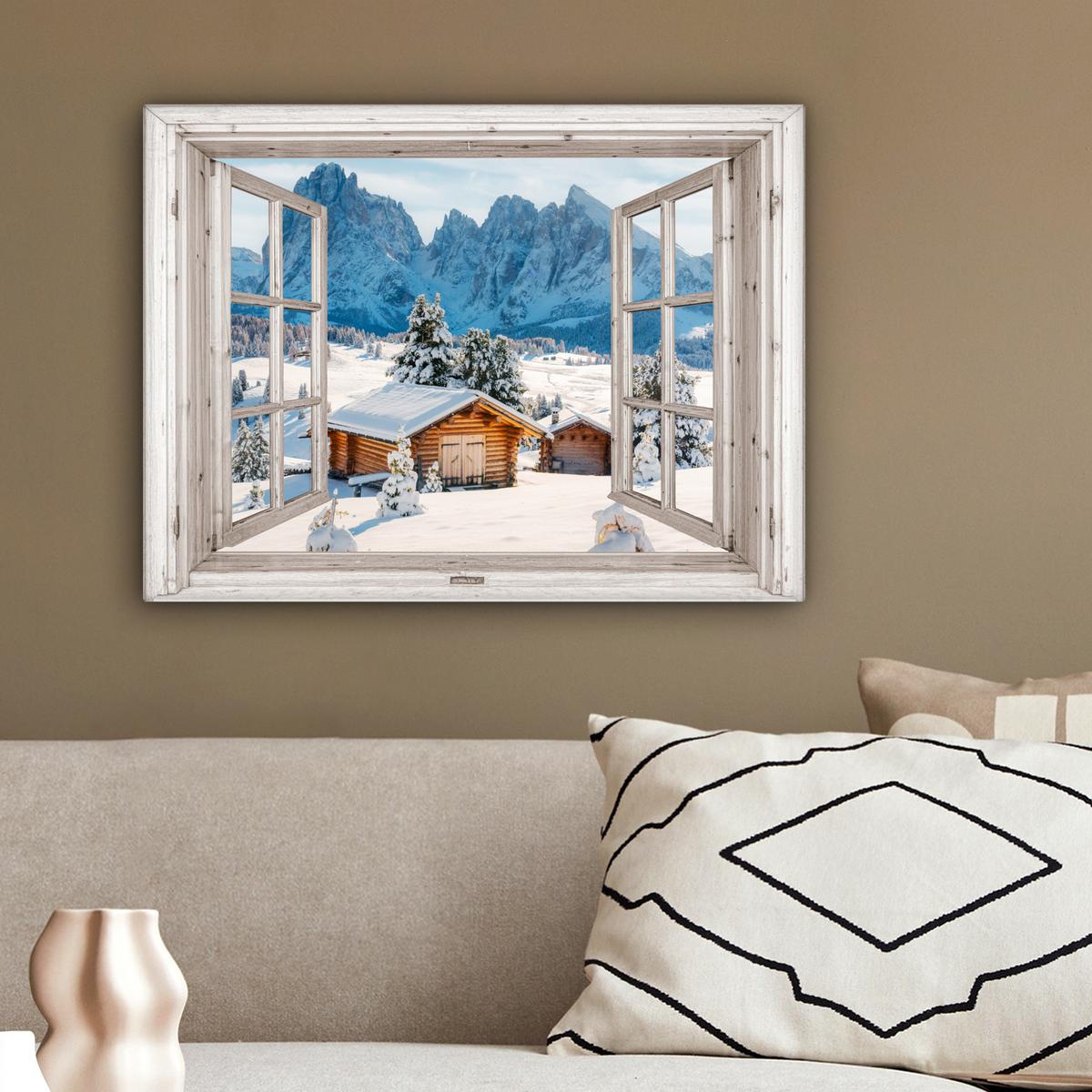 LEINWANDBILD Winterlandschaft - Hütte - Berge - Ausblicke - Aussicht - Natur Wandbild 40x30 cm - Weiß Hochglanz, Textil (40/30cm) - MuchoWow