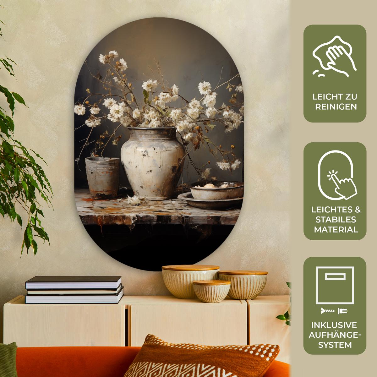WANDBILD Stilleben - Blumen - Blumenstrauß - Vase - Wein Deko Groß 80x120 cm - Ecru, Kunststoff (80/120cm) - MuchoWow