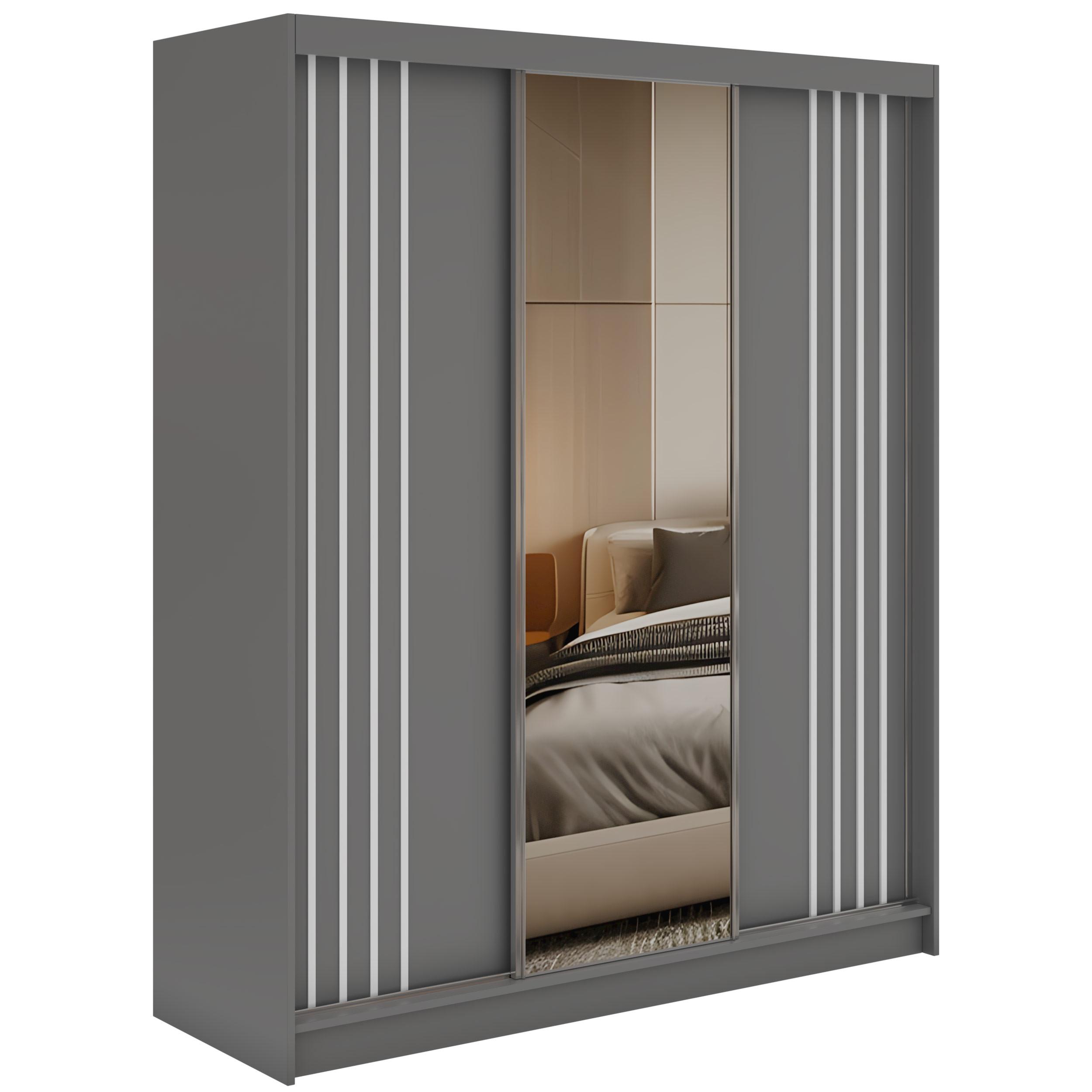 SCHWEBETÜRENSCHRANK mit Lamellen, Spiegel und Schubladen DIANA - 180 - Grau und Weiß - Alufarben/Weiß, Holzwerkstoff/Metall (180/216/61cm) - MKS