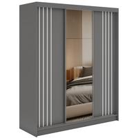 SCHWEBETÜRENSCHRANK mit Lamellen, Spiegel und Schubladen DIANA - 180 - Grau und Weiß - Alufarben/Weiß, Holzwerkstoff/Metall (180/216/61cm) - MKS