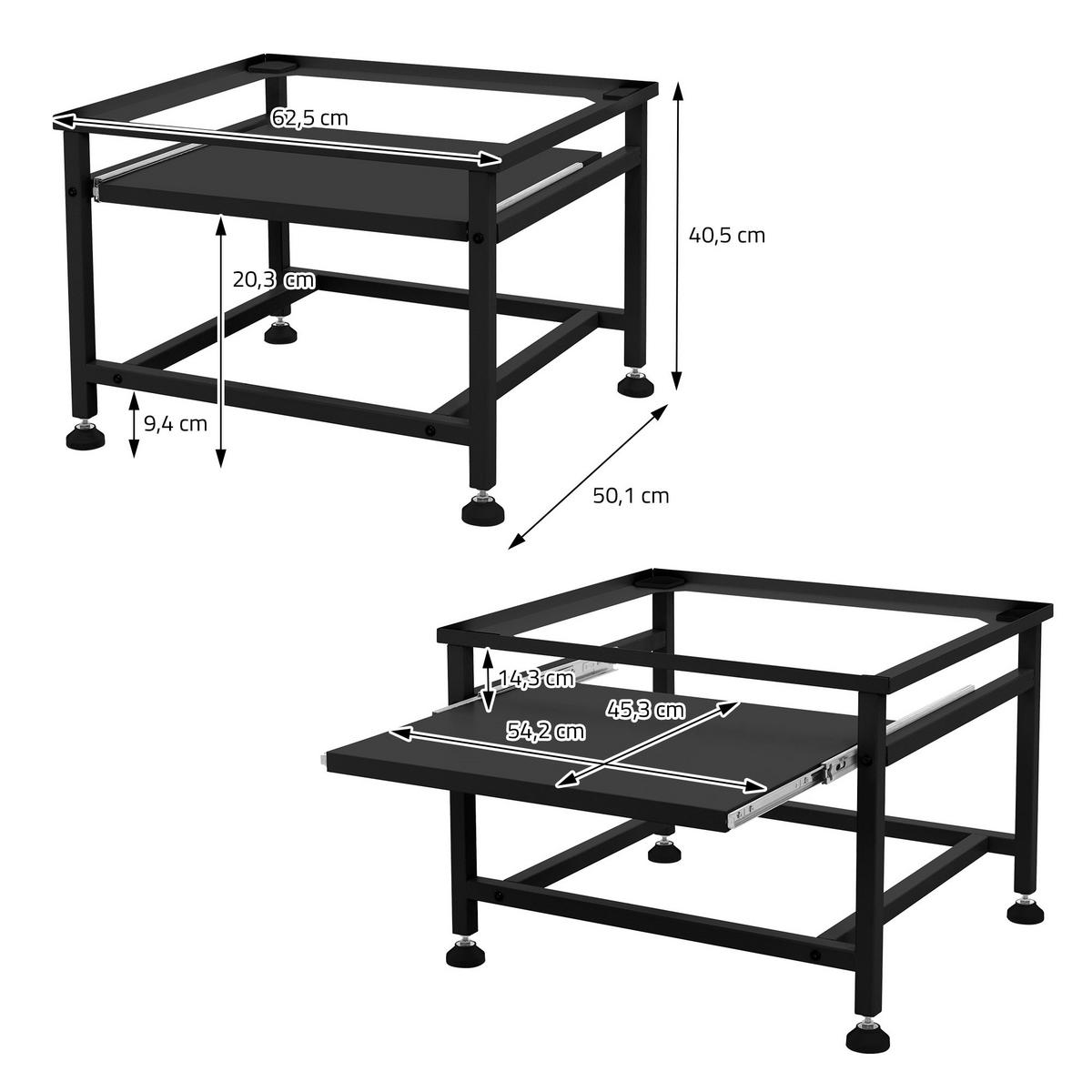 WASCHMASCHINEN UNTERGESTELL mit Ablage ausziehbar Schwarz 62,5x50,1x40,5 cm - Schwarz, Metall (50.1/40.5/62.5cm) - ML-DESIGN