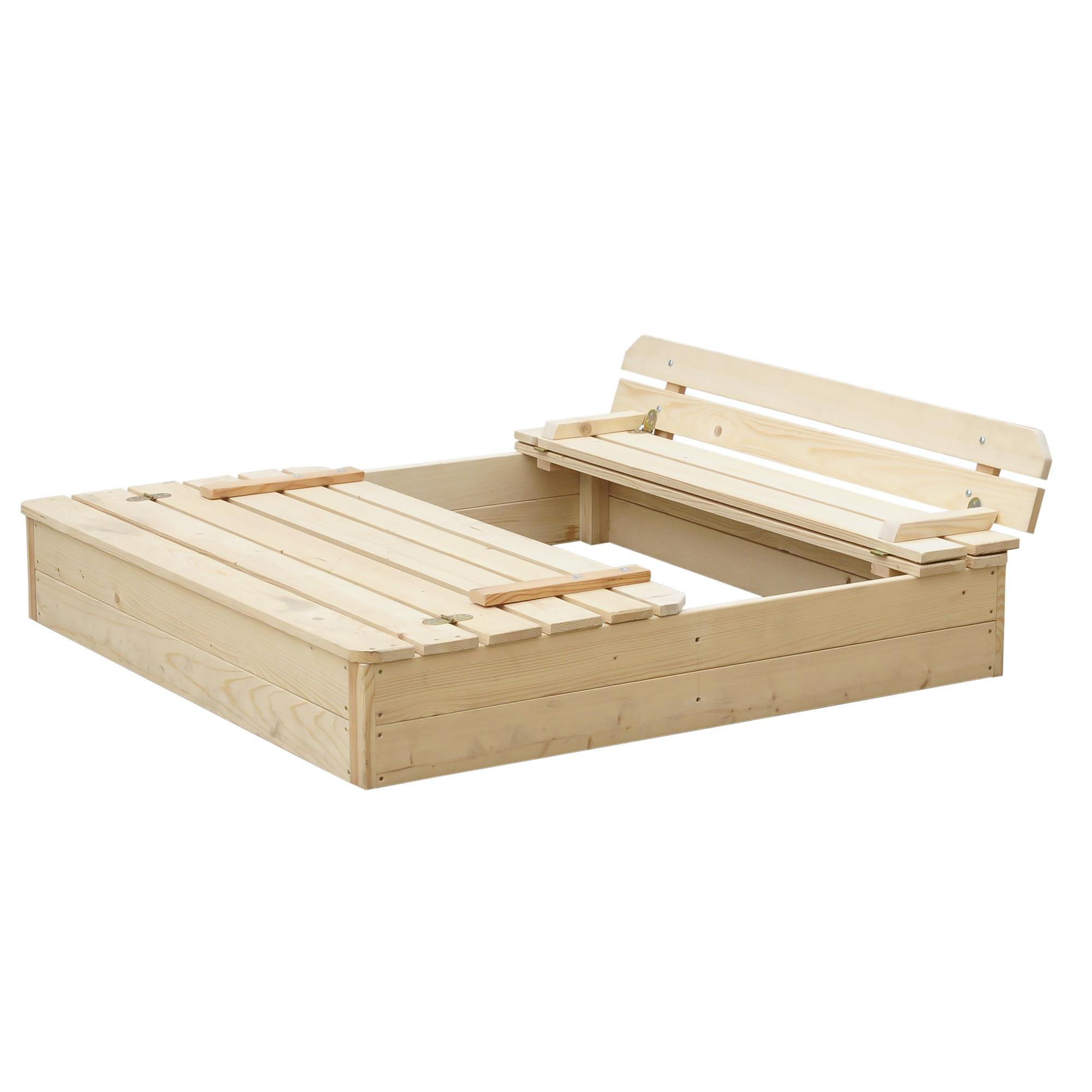 SANDKASTEN aus Holz mit faltbarer Abdeckung und Bank 118 x 122 x H20 - M051-1 - Beige, Holz (122/118/20cm) - Timbela
