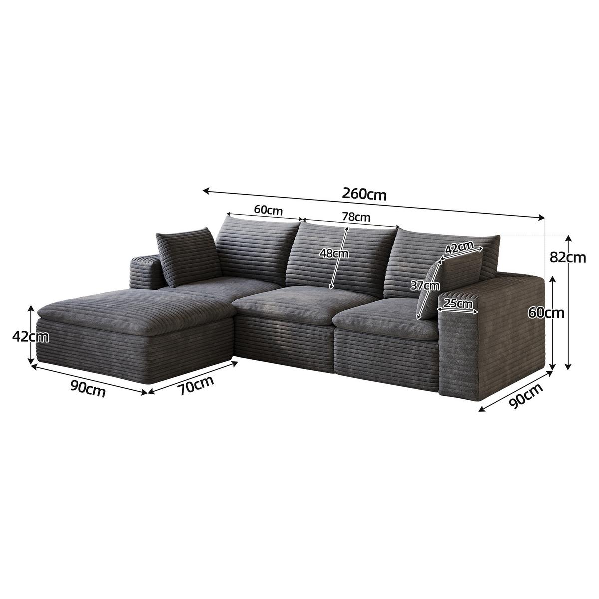 ECKSOFA 260cm L-Form Cord 4-Sitzer ohne Montage - Dunkelgrau, Textil (260/160cm) - Urban Meuble