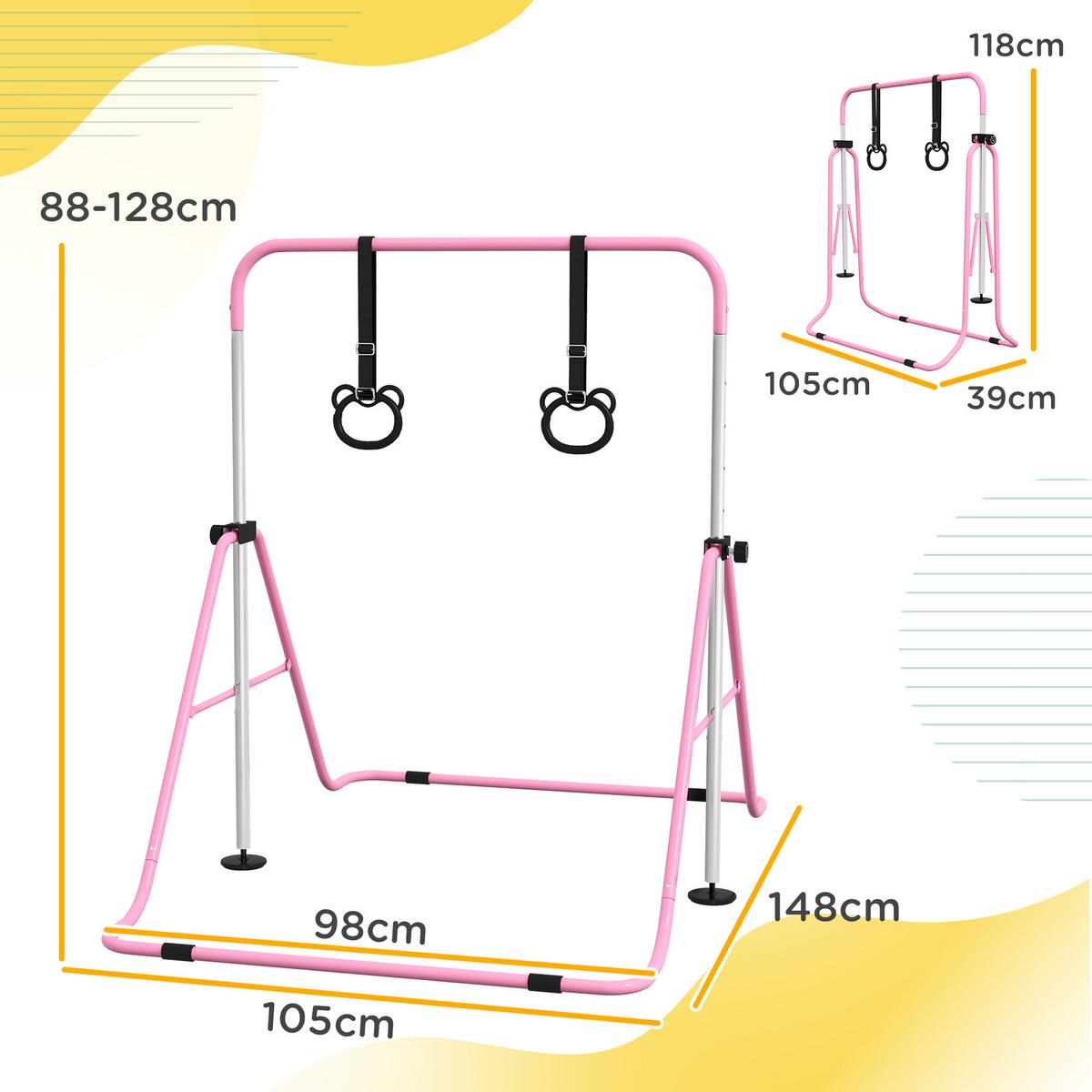 KINDER Gymnastik Turnreck 5-stufige höhenverstellbar Reckstange Stahl Rosa - Rosa, Metall (105/128/148cm) - HOMCOM