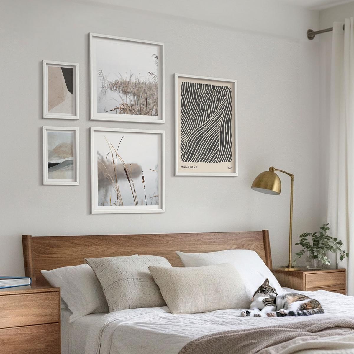 BILDER SET 5er Set - 50x50 cm & 20x30 cm & 40x60 cm Weißer Rahmen - Abstrakte Boho-Dekorationsmuster - Weiß, Kunststoff (40/60cm) - TULUP