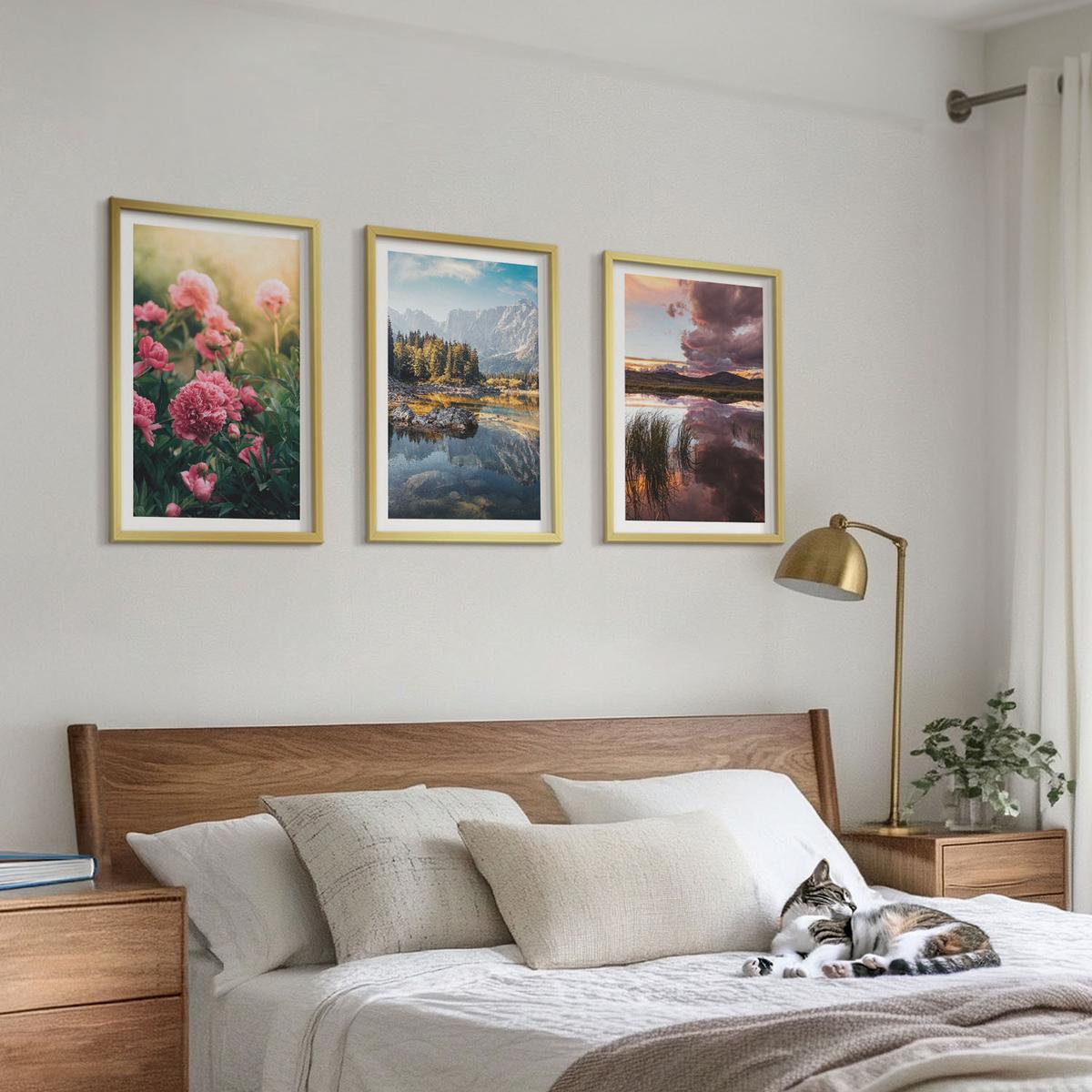 BILDER SET 3er Set - 40x60 cm Goldrahmen - Blumengarten Berge Wasser - Goldfarben, Kunststoff (40/60cm) - TULUP