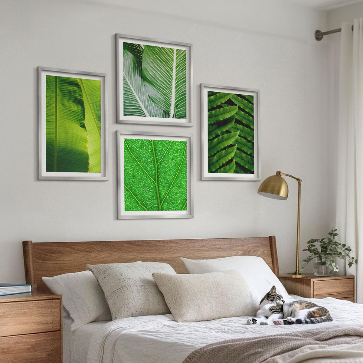 BILDER SET 4er Set - 50x50 cm & 40x60 cm Silberner Rahmen - Nahaufnahme von tropischen Blättern - Silberfarben, Kunststoff (50/50cm) - TULUP