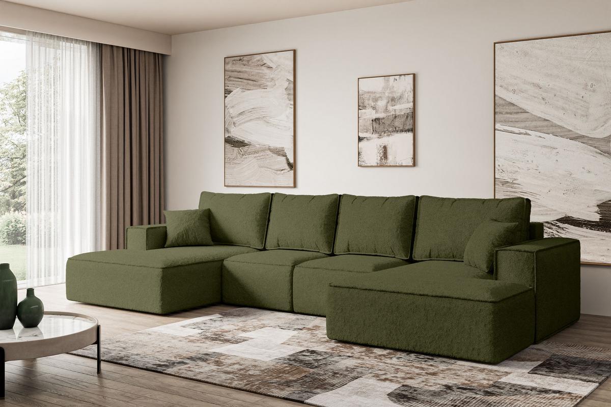 WOHNLANDSCHAFT mit Schlaffunktion und Bettkasten SIERRA-U-S - 349x161x87 cm Grün Bouclé - Schwarz/Grün, Holzwerkstoff/Kunststoff (349/87/161cm) - ALTDECOR
