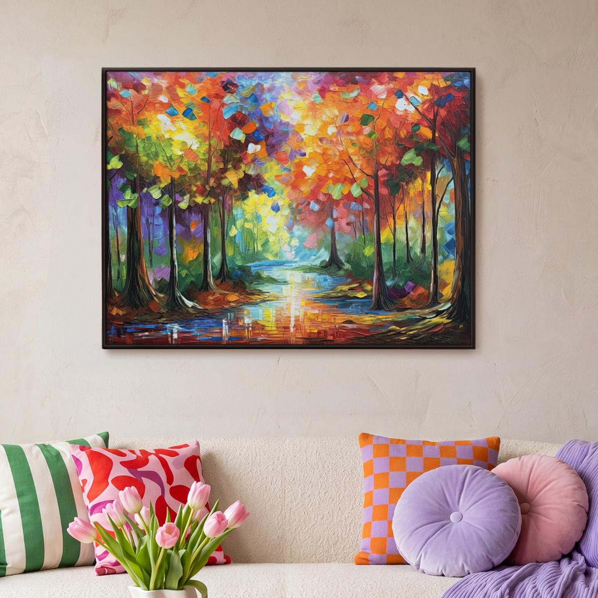 LEINWAND Bilder mit Rahmen - Landschaft - Wald - Farben - Natur - 100x70 - Multicolor, Textil (100/70cm) - MuchoWow