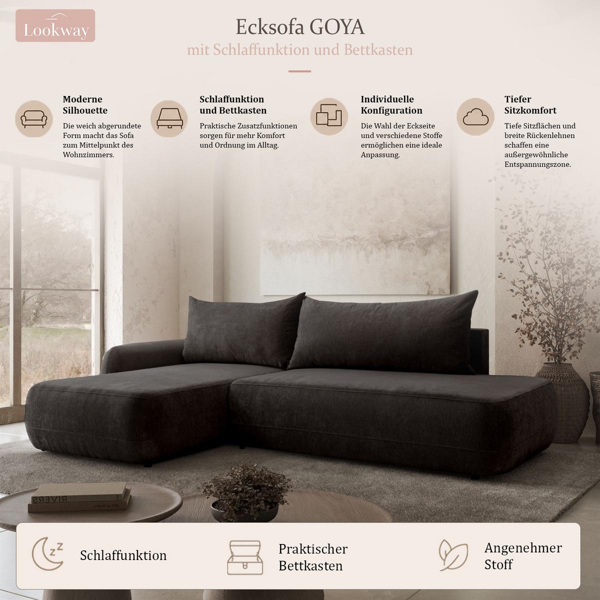 ECKSOFA GOYA mit Schlaffunktion und Bettkasten, Rechte, Perfect Harmony 99 - Anthrazit, Textil (302/184cm) - Lookway
