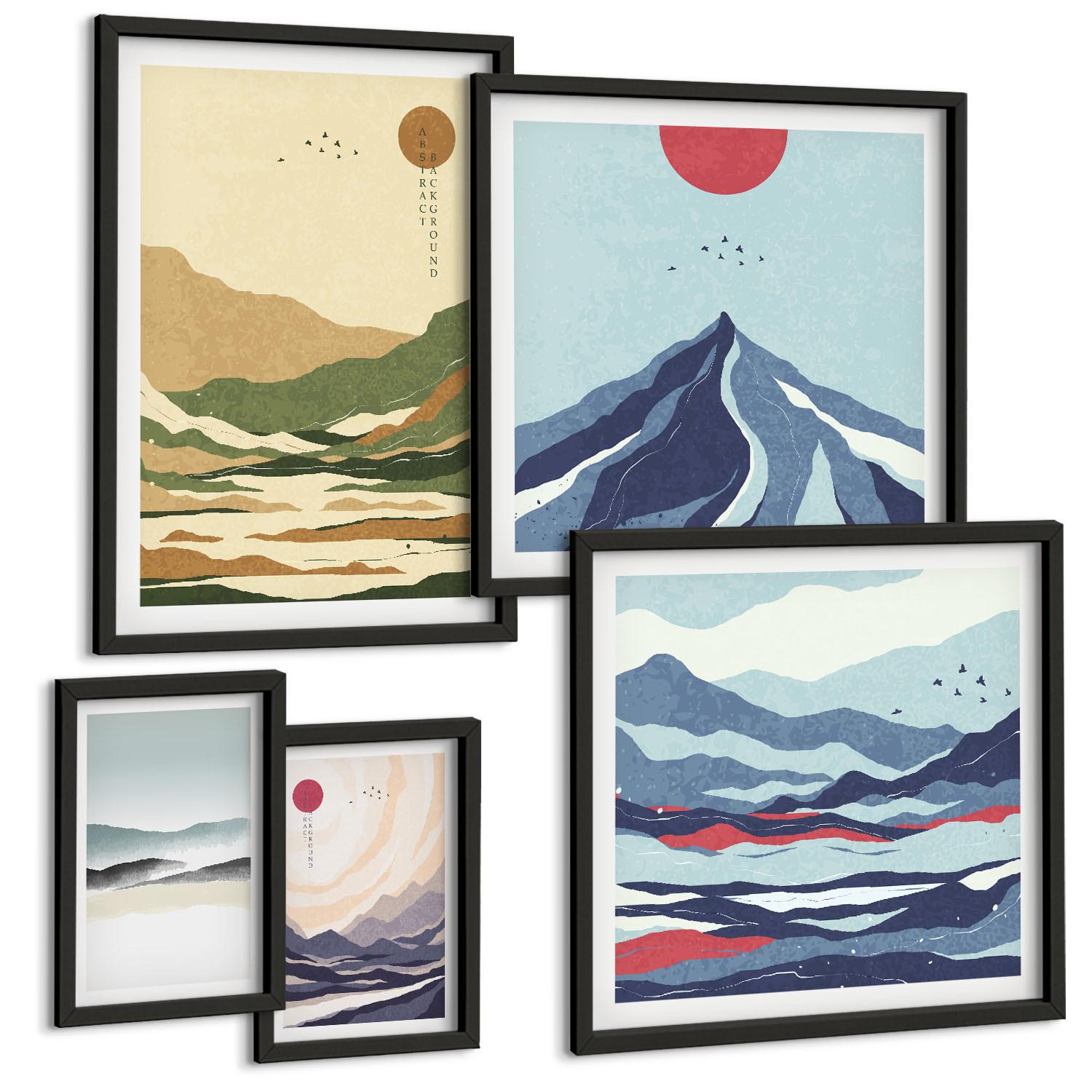 BILDER SET 5er Set - 50x50 cm & 20x30 cm & 40x60 cm Schwarzer Rahmen - Berge minimalistische Pastellfarben - Schwarz, Kunststoff (40/60cm) - TULUP