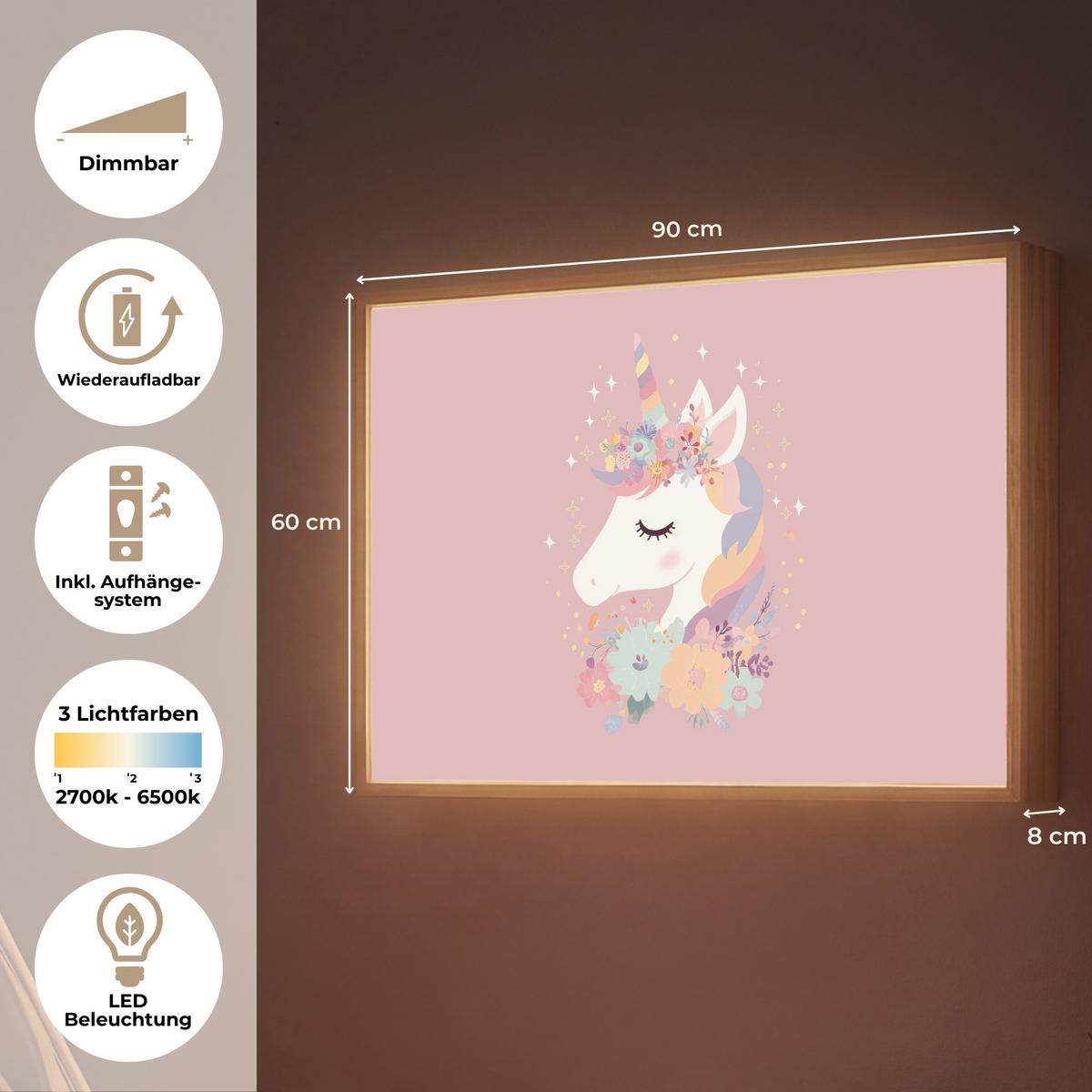 NACHTTISCHLAMPE MIT AKKU Einhorn - Rosa - Blumen 90x60 cm - Rosa, Holzwerkstoff (8/90/60cm) - OnlyWow