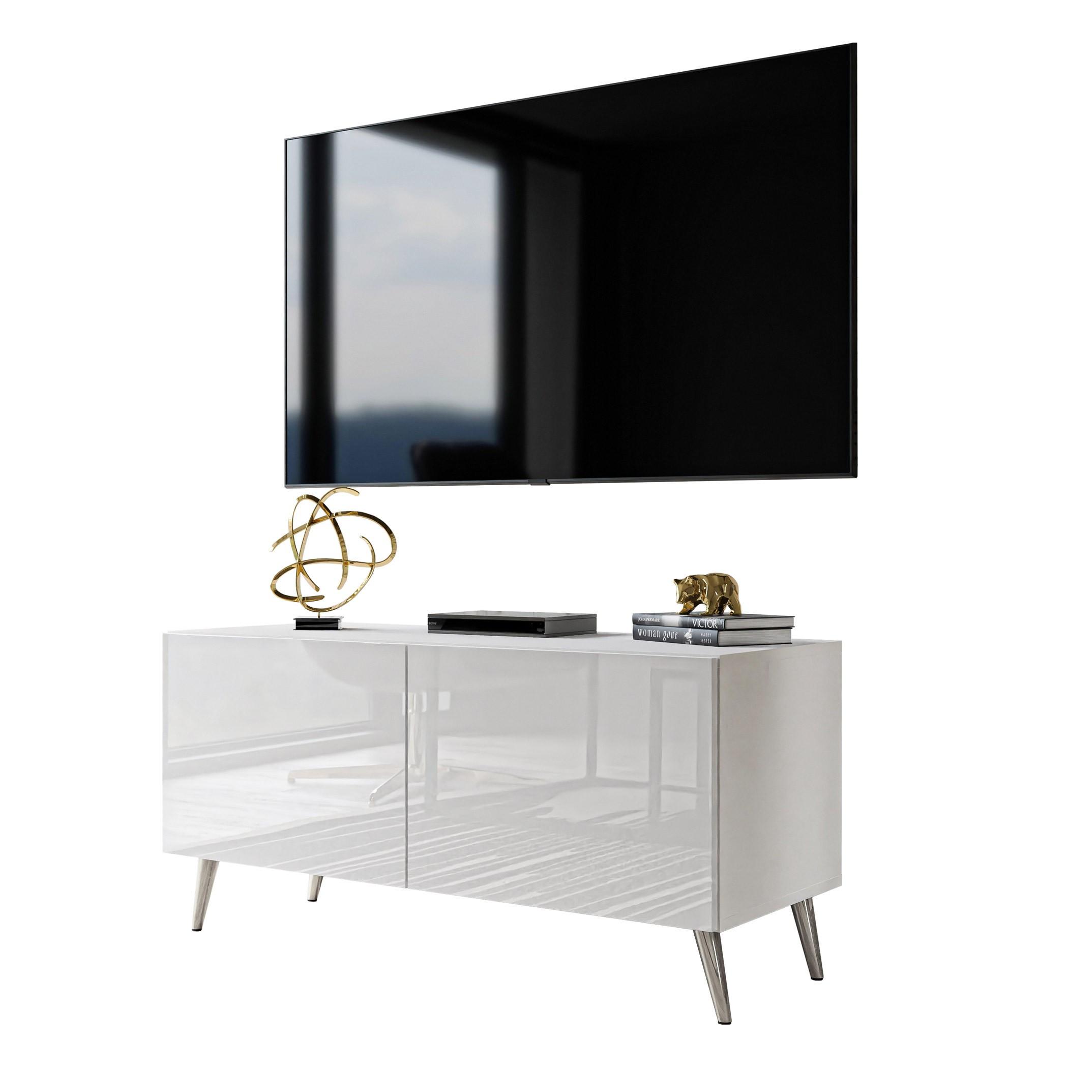 TV-ELEMENT AURA 100 Weiß Hochglanz mit LED-Beleuchtung – Beinfarbe: Chrom - Weiß, Holzwerkstoff (100/49/40cm) - Lookway