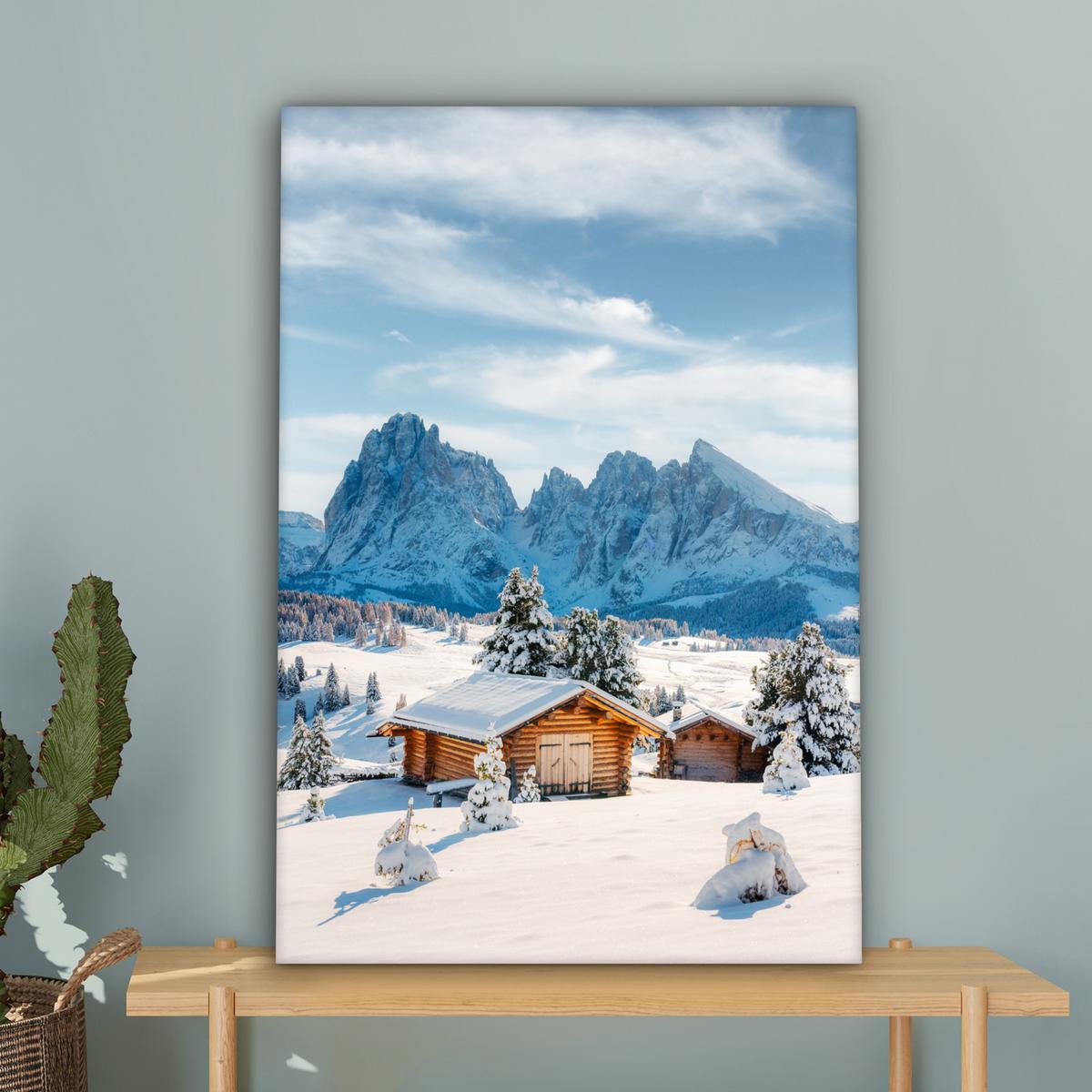 LEINWANDBILD Winter - Hütte - Berge - Aussicht - Schnee Wanddeko 40x60 cm - Eichefarben, Textil (40/60cm) - MuchoWow