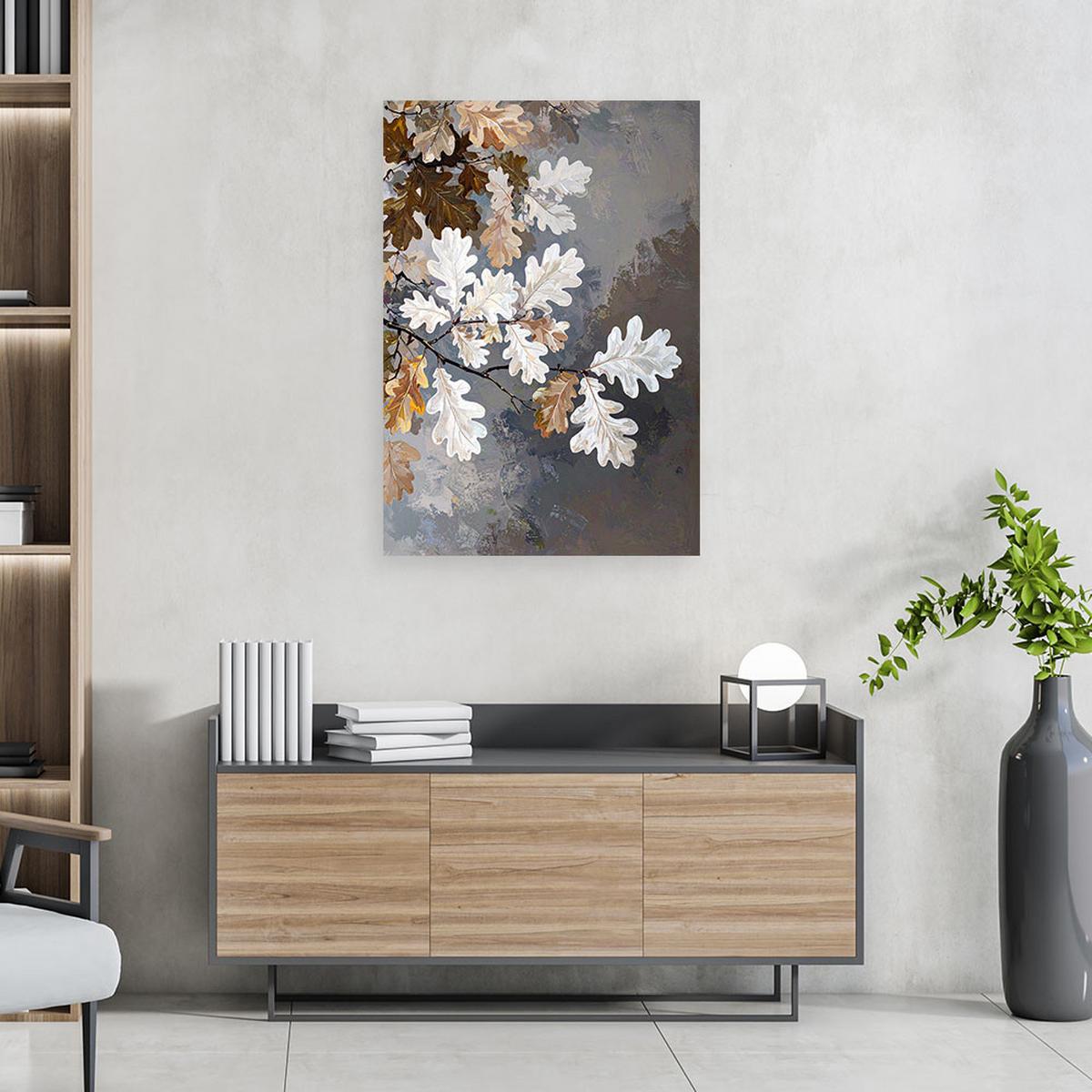 BILD auf Leinwand, Eichenblätter Natur weiß-beige - Grau, Textil (60/90cm) - Feeby