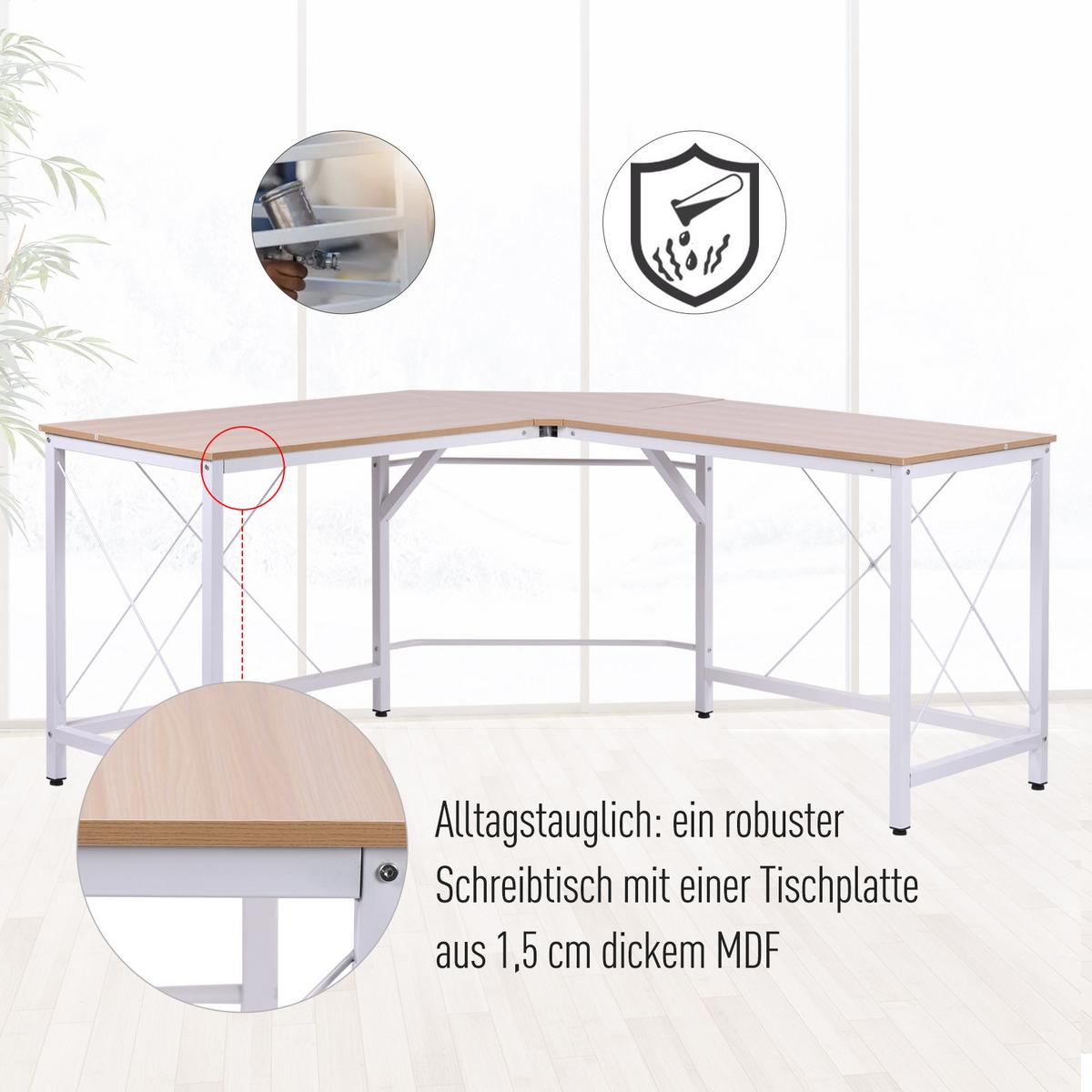 SCHREIBTISCH L-Form, MDF, Natur+Weiß - Naturfarben, Kunststoff (150/150/76cm) - HOMCOM