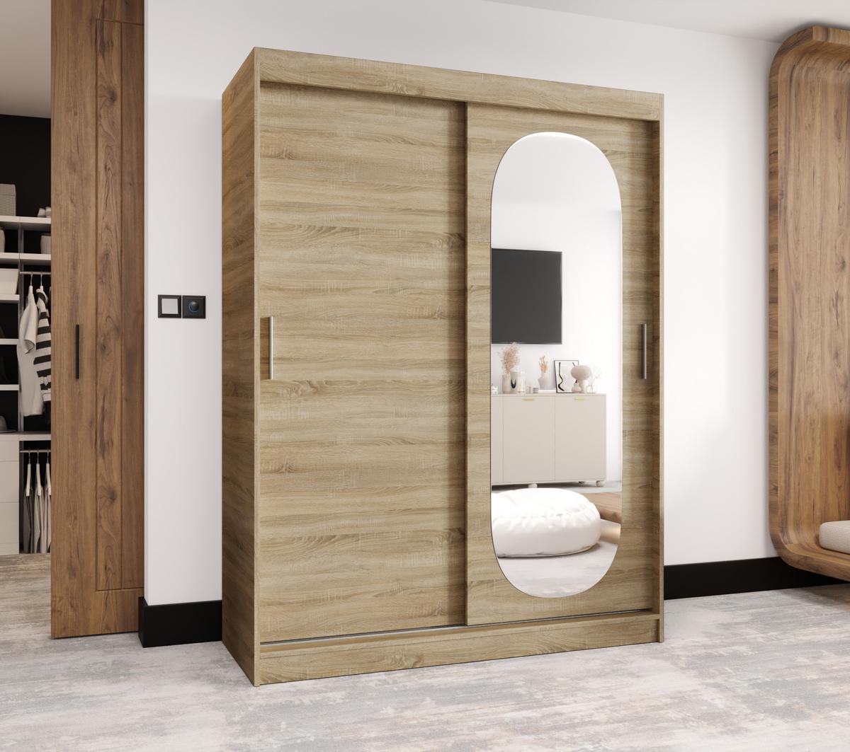 SCHIEBETÜRENSCHRANK mit Spiegel ROYAL 200/150/62 2-türig - Silberfarben/Sonoma Eiche, Holz (150/62/150cm) - MÖBEL KRYSPOL