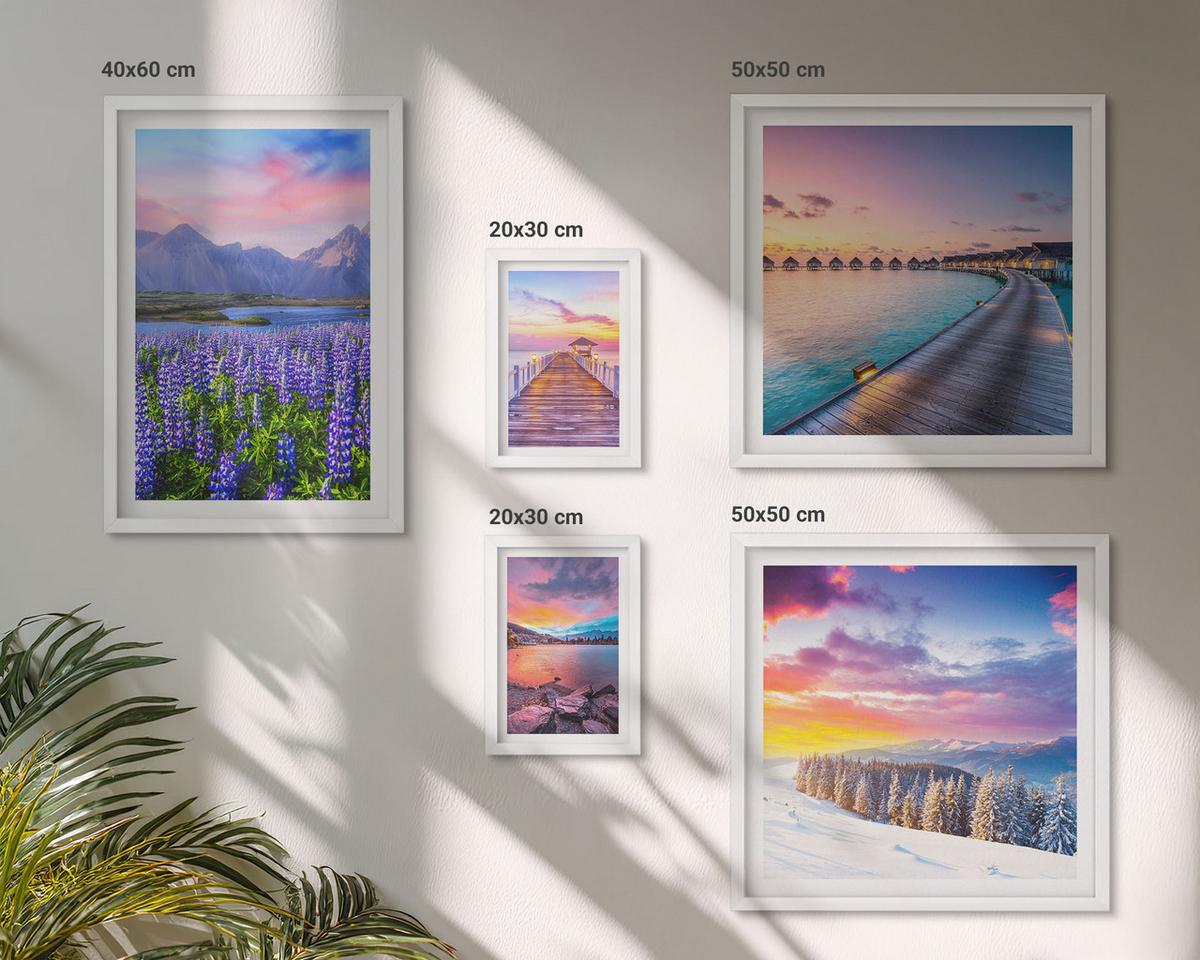 BILDER SET 5er Set - 50x50 cm & 20x30 cm & 40x60 cm Weißer Rahmen - Winterlandschaft des Pierbergs - Weiß, Kunststoff (40/60cm) - TULUP