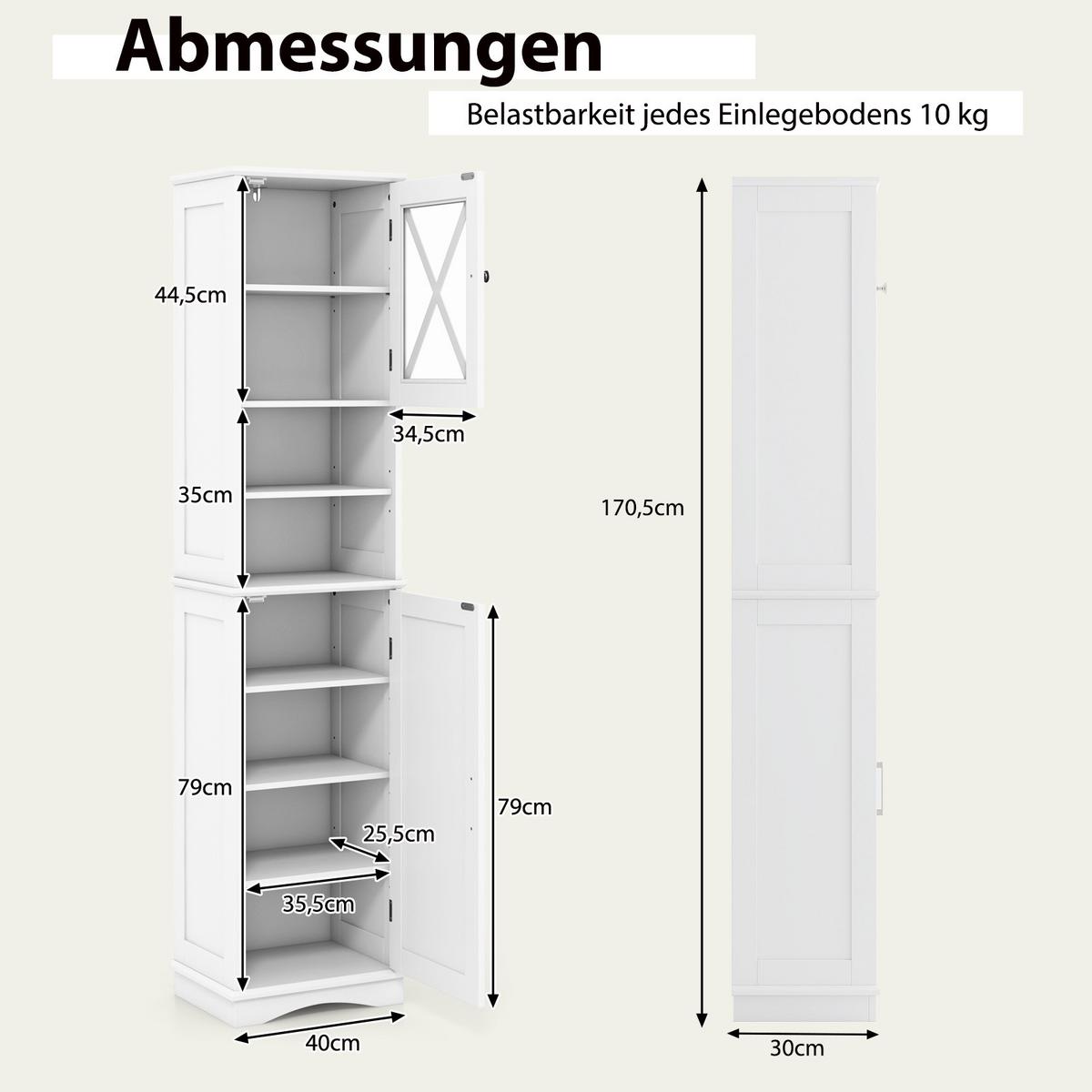 BADEZIMMERSCHRANK Weiß - Weiß, Holzwerkstoff (40/170.5/30cm) - COSTWAY