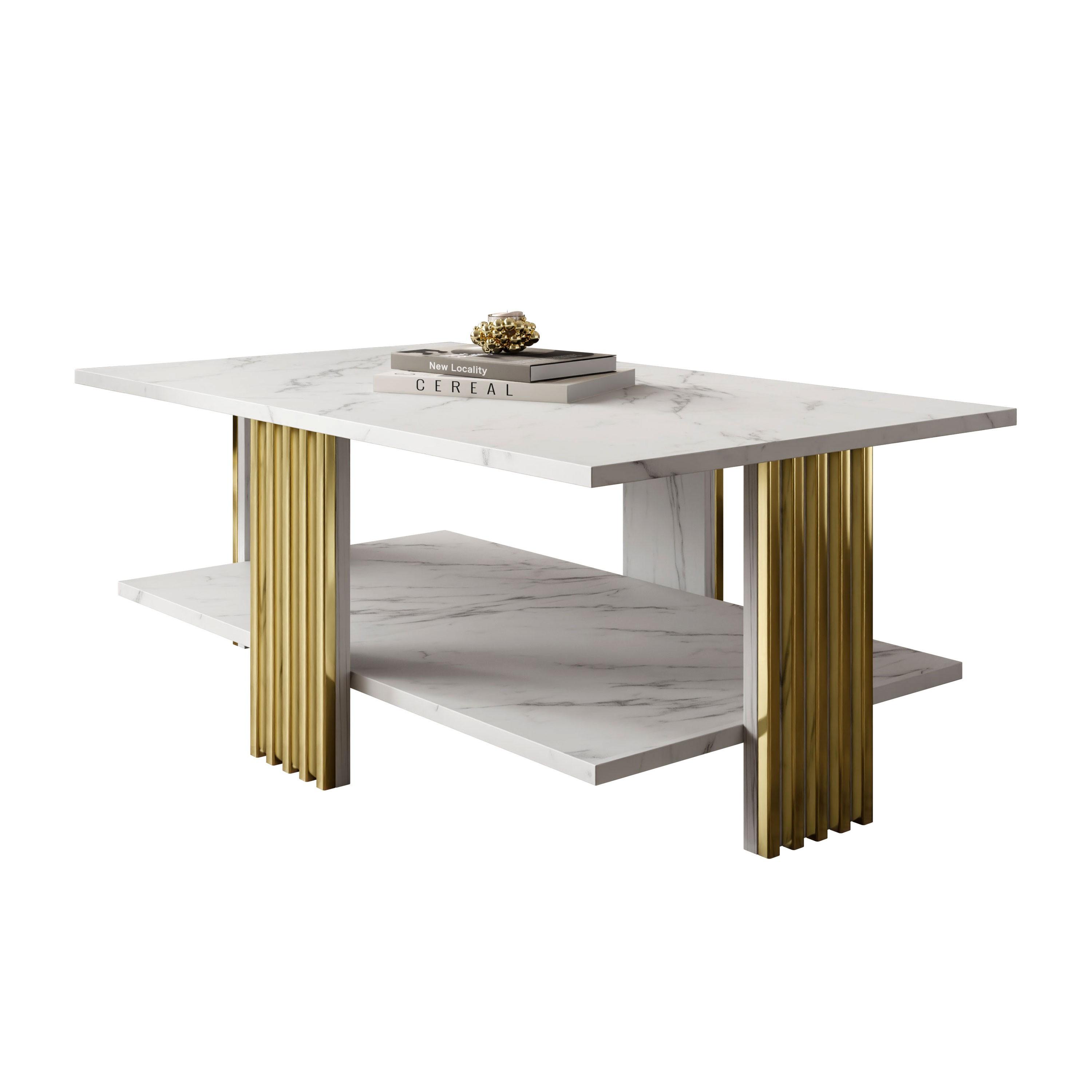 COUCHTISCH SAPHIRA GOLD mit Ablageboden, Weißer Marmor - Weiß, Holzwerkstoff (60/100/40cm) - Lookway