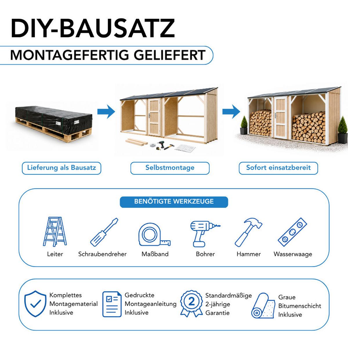BRENNHOLZLAGER doppelt mit Geräteraum 6,49 m², zwei Brennholzbereiche mit insgesamt ~8,8 m³ Fassungsvermögen - Braun, Holz (118/220/550cm) - Timbela