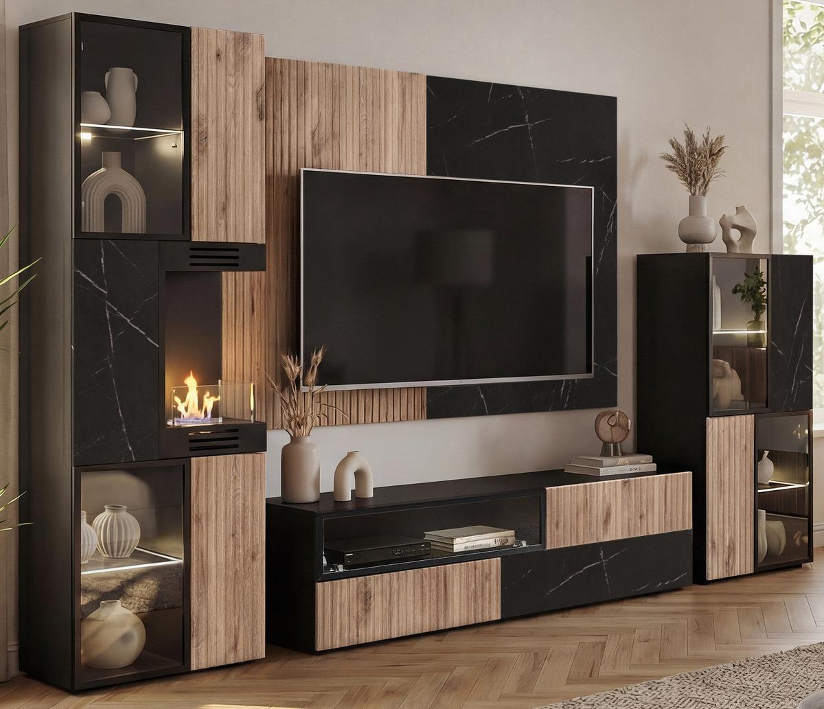 WANDPANEEL schwarz, Vicking Eiche 160 x 118 cm, TV Rückwandverkleidung mit schwarzer Mamor-Optik - Eichefarben/Schwarz, Holzwerkstoff (160/118/1.6cm) - Inn.Furn