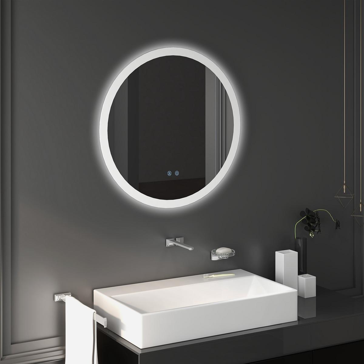 BADSPIEGEL mit Beleuchtung, Ø70 cm Wandspiegel mit 3 Lichtfarben, Anti-Beschlag - Silberfarben, Glas (70/3/70cm) - Kleankin