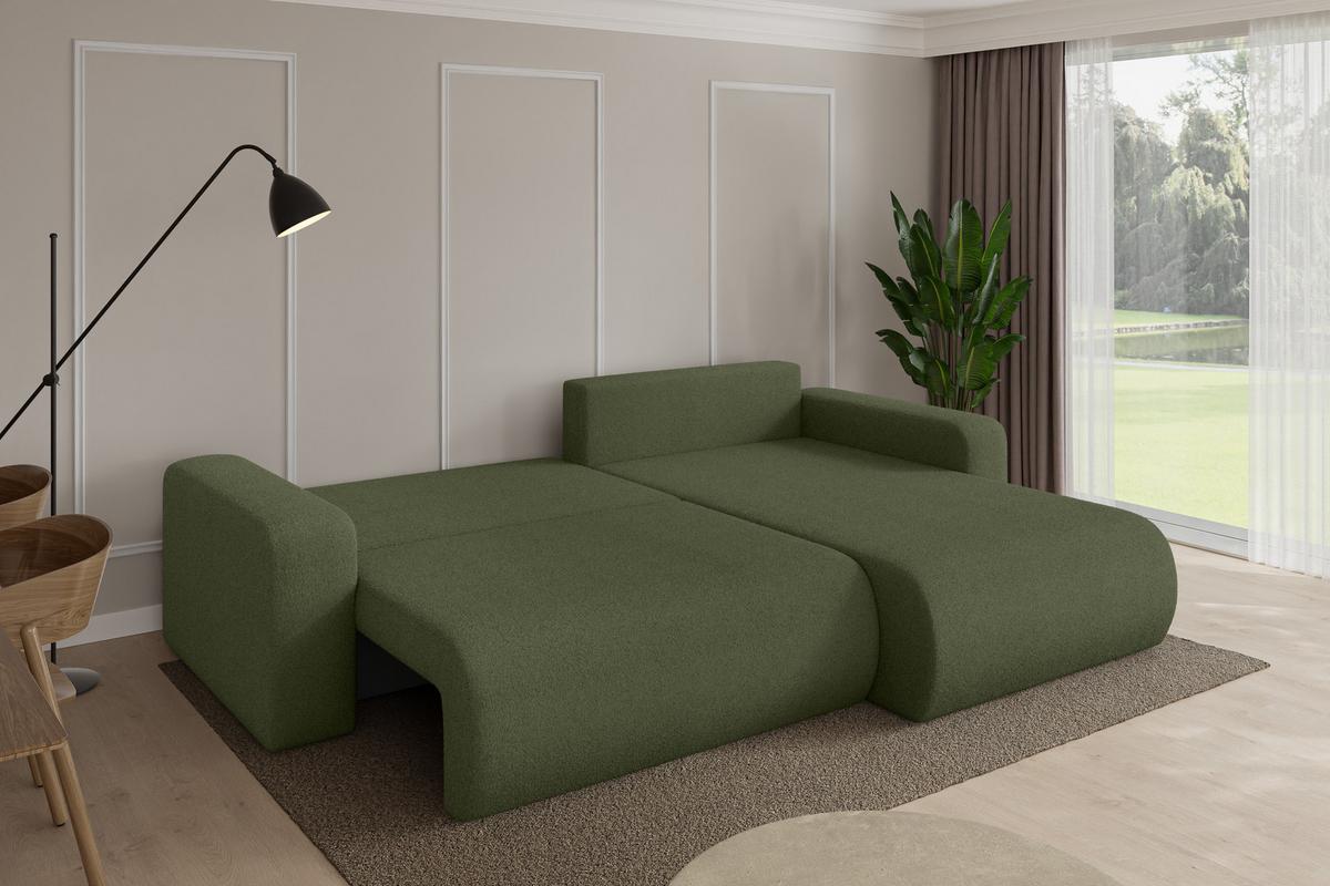 ECKSOFA mit Schlaffunktion Ottomane Rechts BERY-L 276x193x88 Grün Bouclé - Schwarz/Olivgrün, Holzwerkstoff/Kunststoff (276/193cm) - ALTDECOR