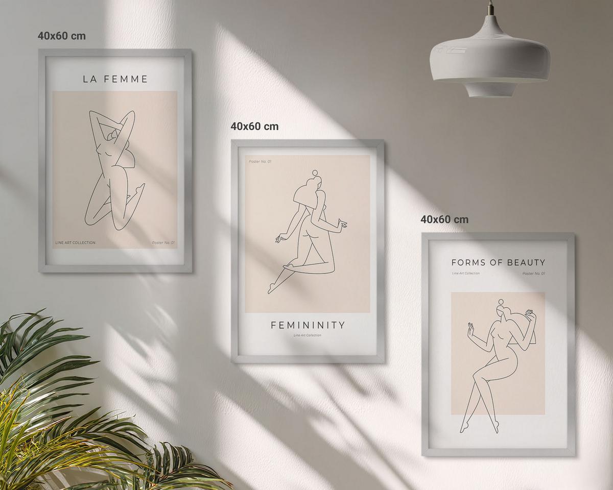 BILDER SET 3er Set - 40x60 cm Silberner Rahmen - Poster mit minimalistischen Frauensilhouetten - Silberfarben, Kunststoff (40/60cm) - TULUP