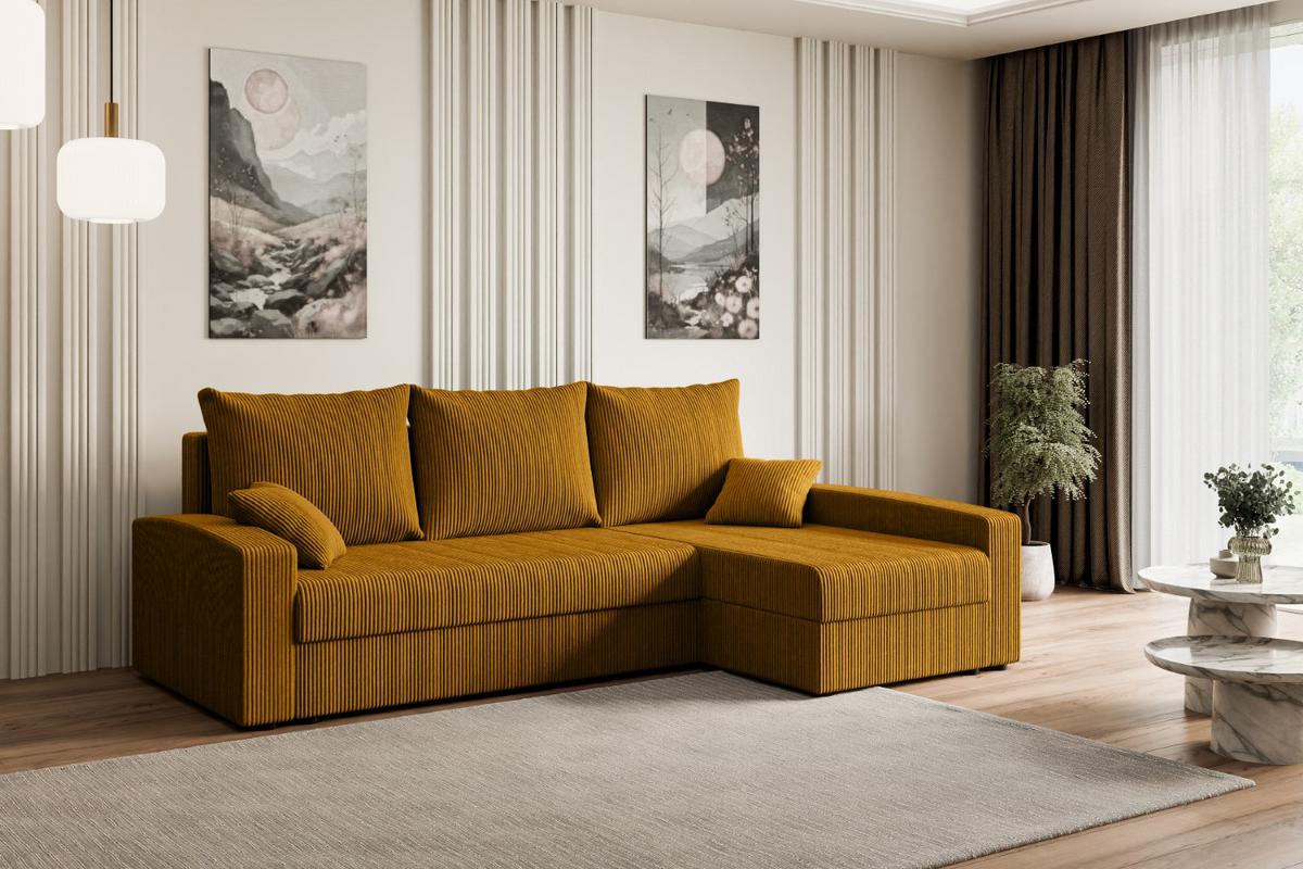 ECKSOFA mit Schlaffunktion und Bettkasten ALESIA-L 231x140x90 cm Senfgelb Cord - Gelb/Silberfarben, Holzwerkstoff/Kunststoff (231/140cm) - ALTDECOR