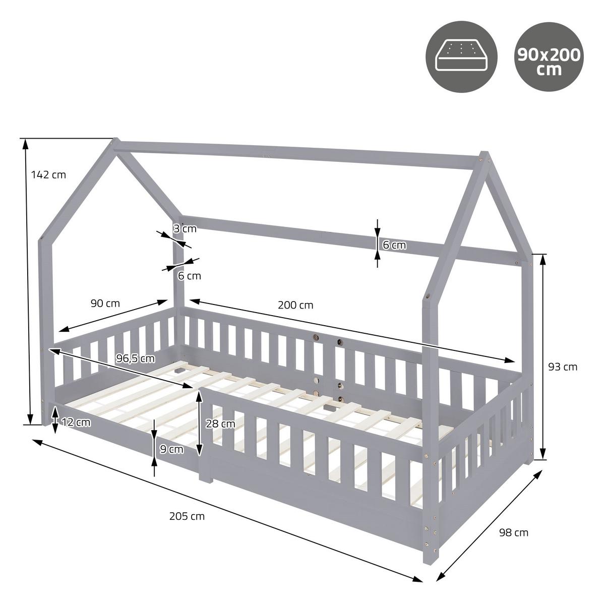KINDERBETT mit Dach 90x200 cm Hellgrau - Hellgrau, Holz (90/200cm) - ML-DESIGN