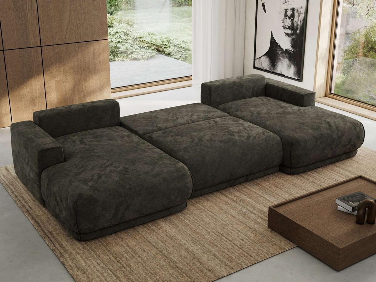 WOHNLANDSCHAFT RINA U Dunkelgrau Schenille glatt - Dunkelgrau/Schwarz, Kunststoff/Textil (360/85/170cm) - MKS
