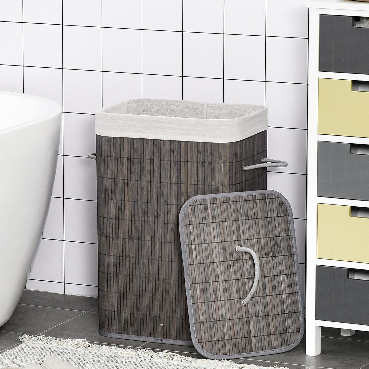 WÄSCHEKORB schmal mit Deckel 83L, Bambus, Grau - Grau, Naturmaterialien (32/61/43cm) - HOMCOM