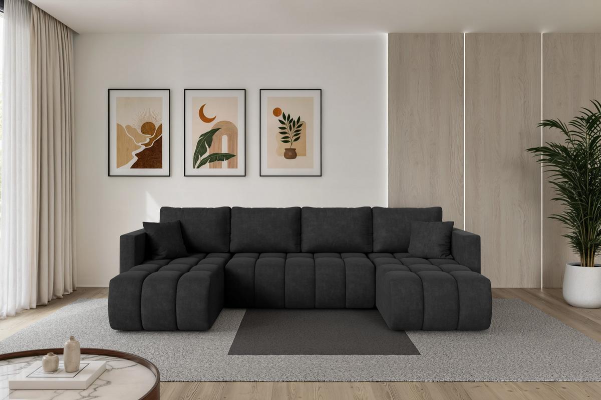 WOHNLANDSCHAFT mit Schlaffunktion und Bettkasten GARD-U 300x146x85 Schwarz Velours - Schwarz, Holzwerkstoff/Kunststoff (300/85/146cm) - ALTDECOR