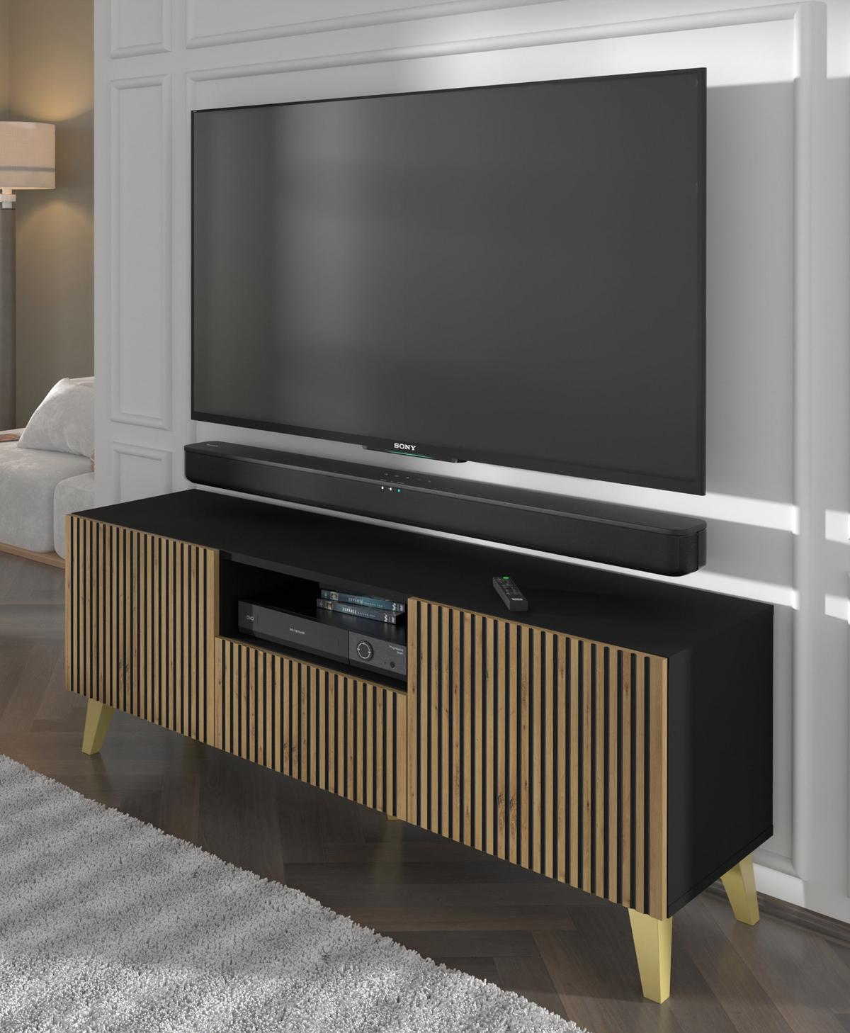 TV LOWBOARD Schwarz, Artisan-Schwarz, Gold 150/56/42 - Schwarz, Holzwerkstoff (150/56/42cm) - RAUMHIRSCH FURNITURE
